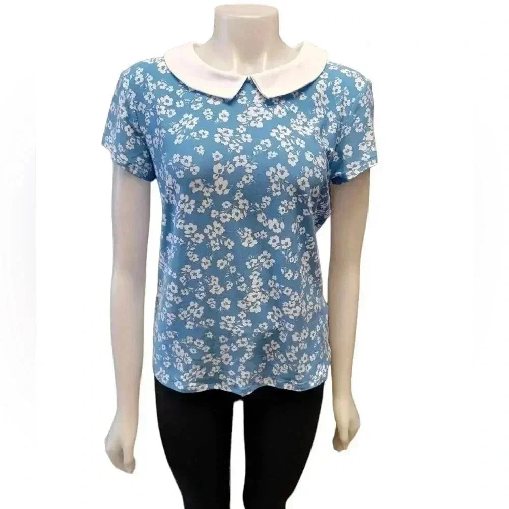 Suzy Shier Blue Floral Short Sleeve Top Size Medium